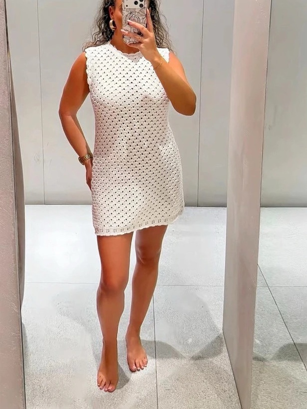 Zara Crochet Knit Short Dress Women's Geometric Mini Dress in White